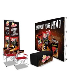 press conference setup — bannerwall, branded chairs, tablecloth & pull-up banners. Custom quotes available.